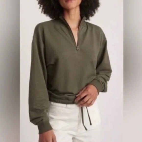 Marine Layer Green Quarter-Zip Drawstring Waist Cropped Pullover Sweatshirt Top - Picture 1 of 8